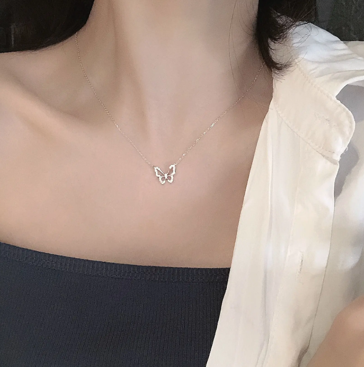 Silver Butterfly Necklace – Simple Collarbone Chain Jewelry for Women | Popular Dainty Pendant Necklace