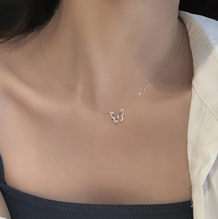 Silver Butterfly Necklace – Simple Collarbone Chain Jewelry for Women | Popular Dainty Pendant Necklace