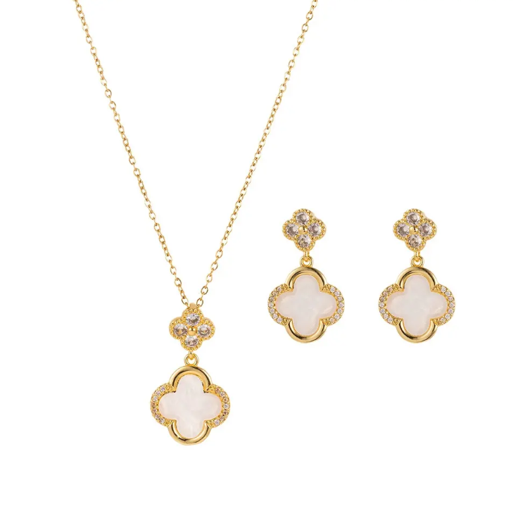 Zircon Clover Necklace & Earring Set – Stainless Steel Jewelry Set | Lucky Flower Pendant with Sparkling Crystals