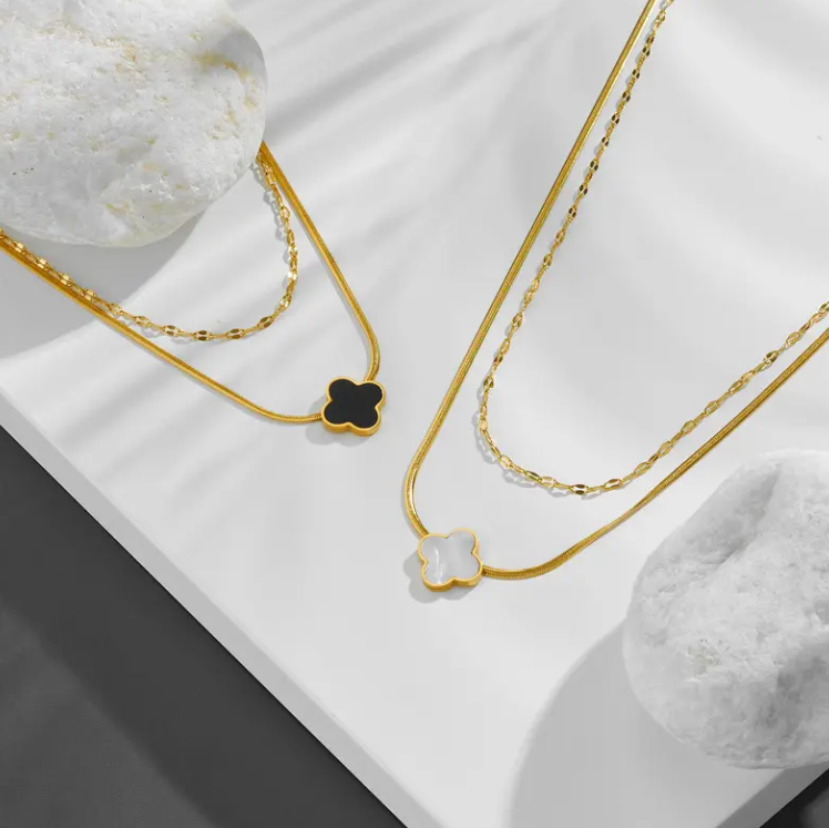 Four Leaf Clover Double Layer Necklace – Gold Plated Stainless Steel | Shell Charm Layered Necklace