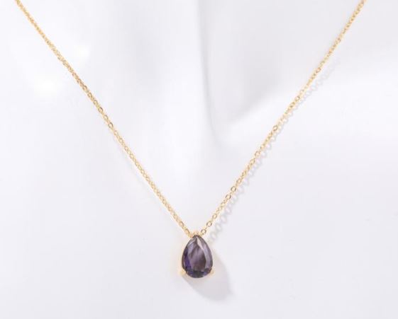 18K Gold Plated Titanium Steel Birthstone Necklace – Water Drop Zircon Pendant