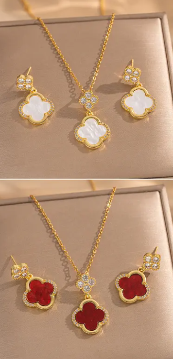 Zircon Clover Necklace & Earring Set – Stainless Steel Jewelry Set | Lucky Flower Pendant with Sparkling Crystals