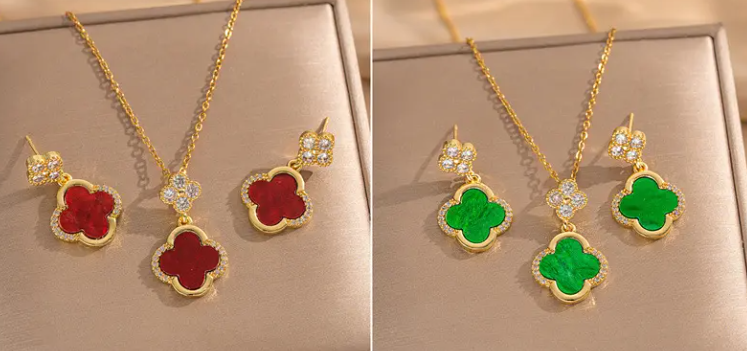 Zircon Clover Necklace & Earring Set – Stainless Steel Jewelry Set | Lucky Flower Pendant with Sparkling Crystals