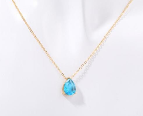 18K Gold Plated Titanium Steel Birthstone Necklace – Water Drop Zircon Pendant