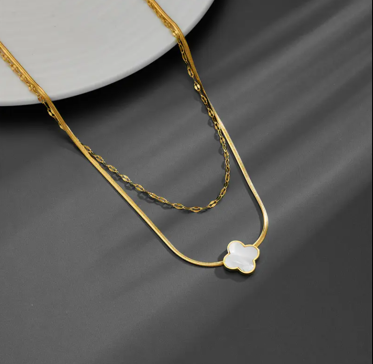 Four Leaf Clover Double Layer Necklace – Gold Plated Stainless Steel | Shell Charm Layered Necklace