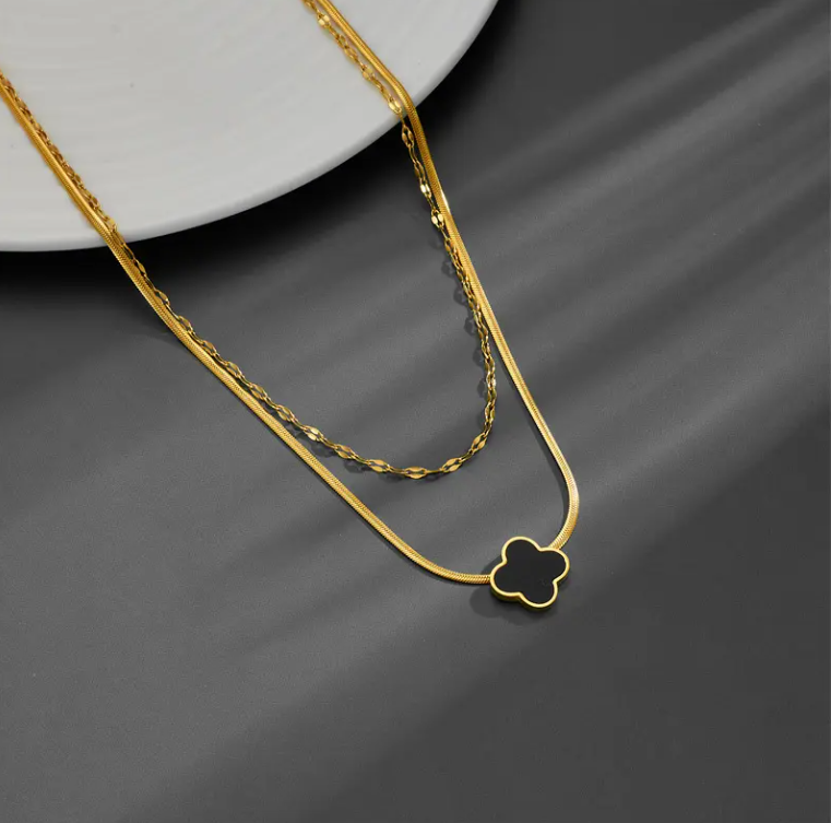 Four Leaf Clover Double Layer Necklace – Gold Plated Stainless Steel | Shell Charm Layered Necklace