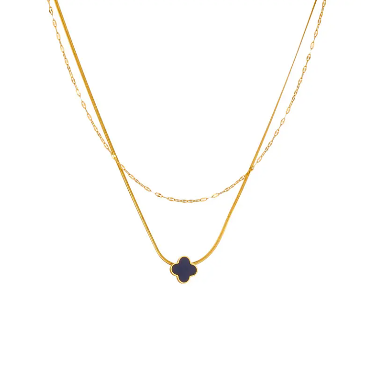 Four Leaf Clover Double Layer Necklace – Gold Plated Stainless Steel | Shell Charm Layered Necklace