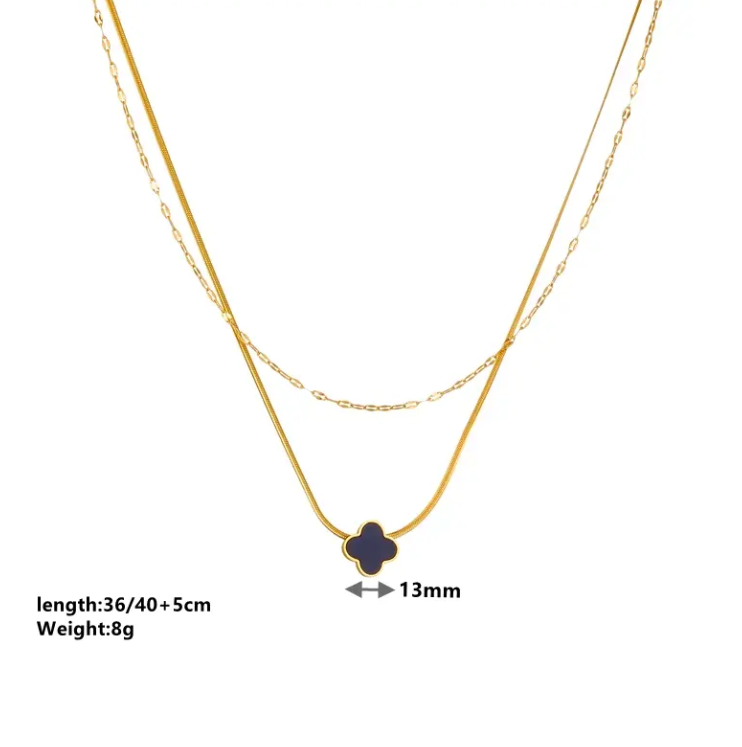 Four Leaf Clover Double Layer Necklace – Gold Plated Stainless Steel | Shell Charm Layered Necklace