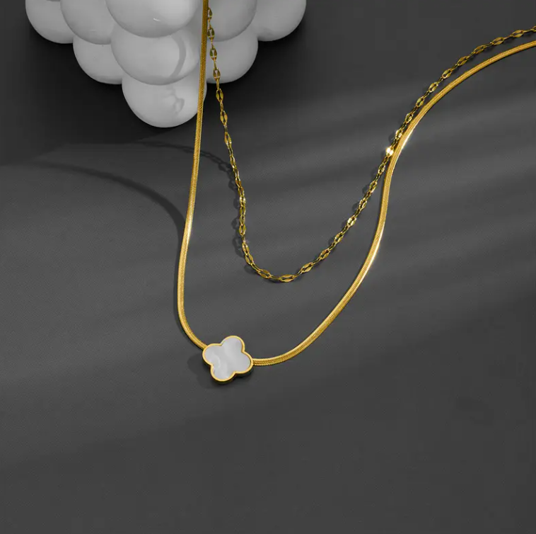 Four Leaf Clover Double Layer Necklace – Gold Plated Stainless Steel | Shell Charm Layered Necklace