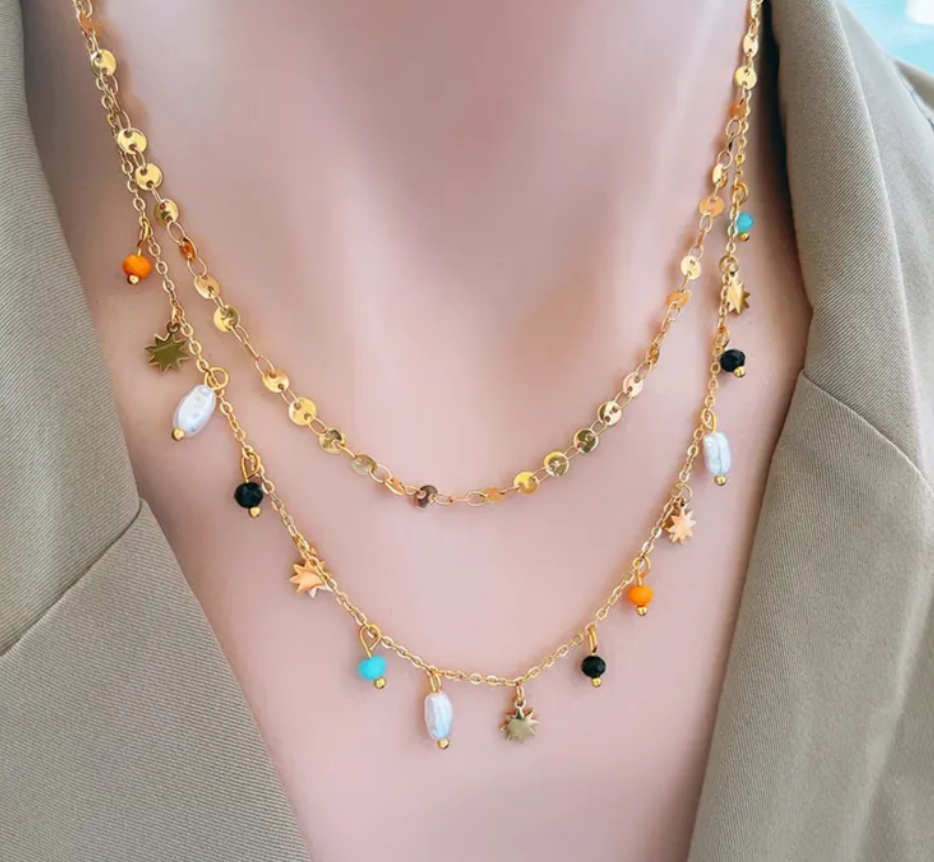Titanium Steel Double Layered Beads Pearl Charm Bohemian Fashion Charm Necklace for Girl 18K Gold Plated Choker Necklace