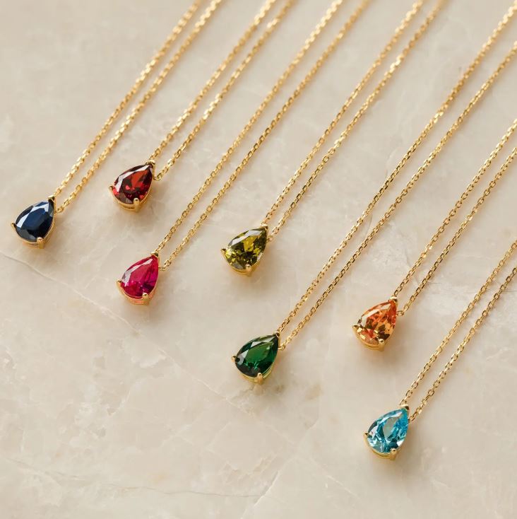 18K Gold Plated Titanium Steel Birthstone Necklace – Water Drop Zircon Pendant