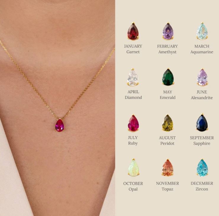 18K Gold Plated Titanium Steel Birthstone Necklace – Water Drop Zircon Pendant
