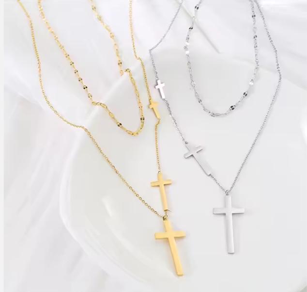 18K Gold Filled Double Layered Chain Stainless Steel Cross Necklace Christian Religious Layered Chain Cross Necklace