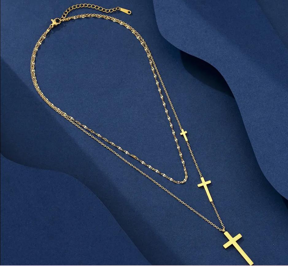 18K Gold Filled Double Layered Chain Stainless Steel Cross Necklace Christian Religious Layered Chain Cross Necklace