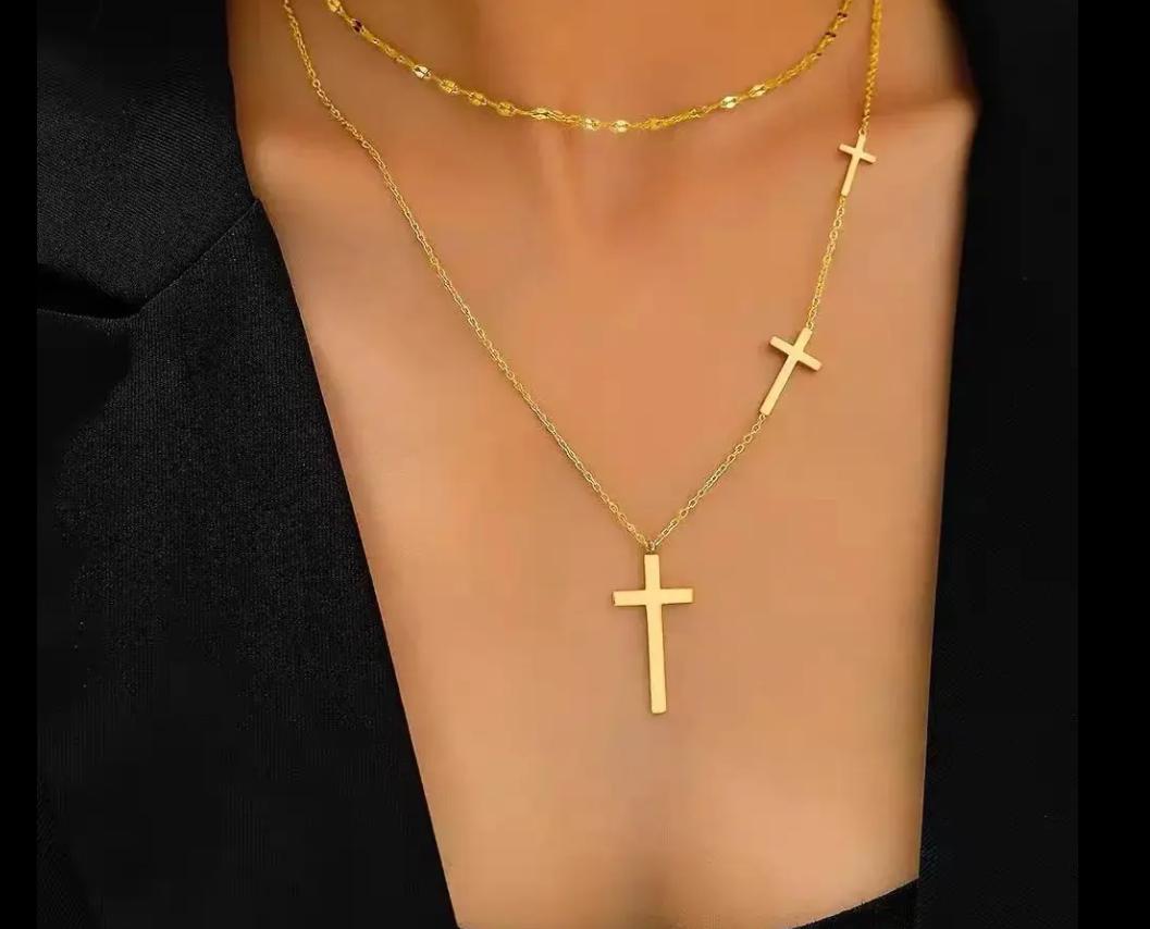 18K Gold Filled Double Layered Chain Stainless Steel Cross Necklace Christian Religious Layered Chain Cross Necklace