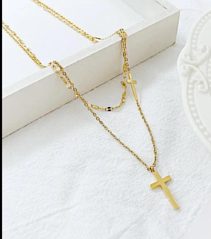 18K Gold Filled Double Layered Chain Stainless Steel Cross Necklace Christian Religious Layered Chain Cross Necklace