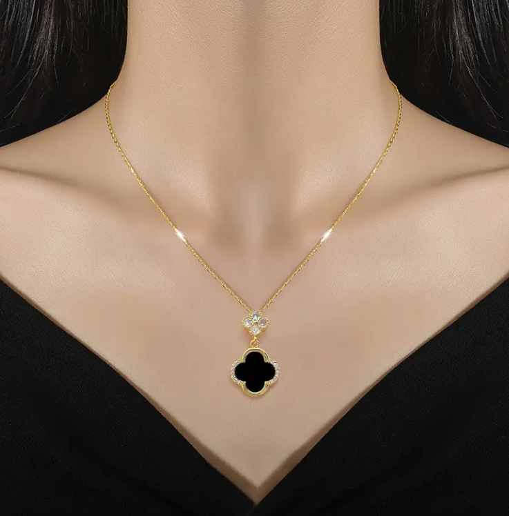 Zircon Clover Necklace & Earring Set – Stainless Steel Jewelry Set | Lucky Flower Pendant with Sparkling Crystals