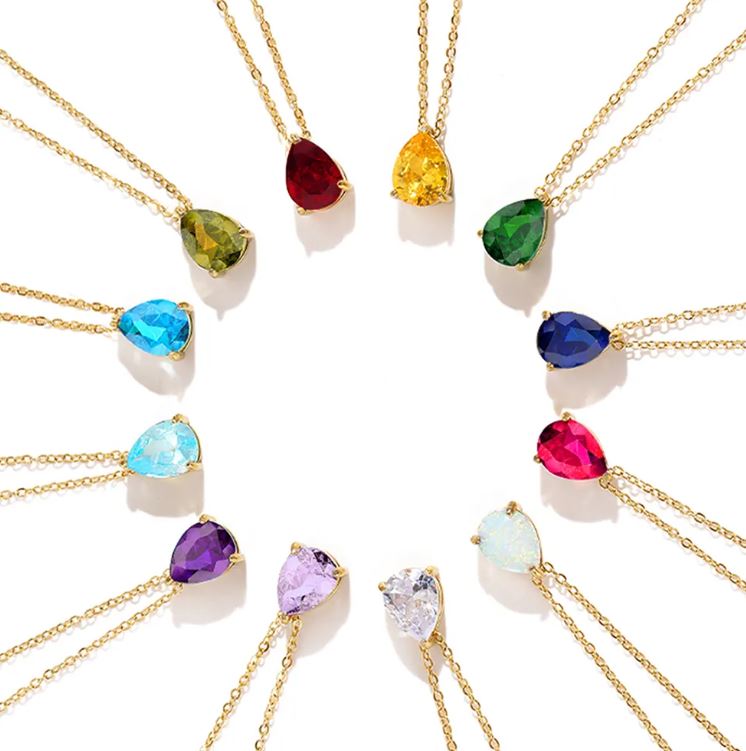 18K Gold Plated Titanium Steel Birthstone Necklace – Water Drop Zircon Pendant