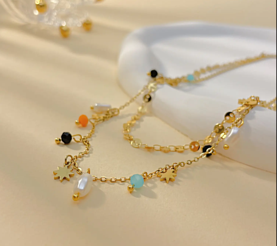 Titanium Steel Double Layered Beads Pearl Charm Bohemian Fashion Charm Necklace for Girl 18K Gold Plated Choker Necklace