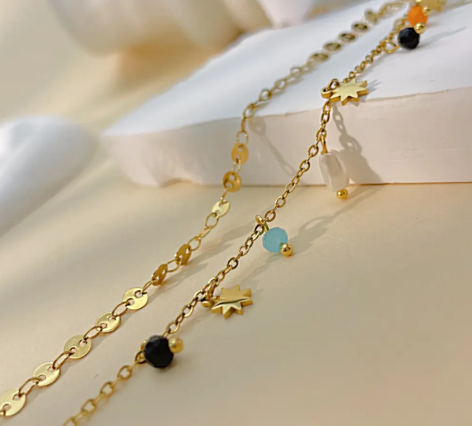 Titanium Steel Double Layered Beads Pearl Charm Bohemian Fashion Charm Necklace for Girl 18K Gold Plated Choker Necklace