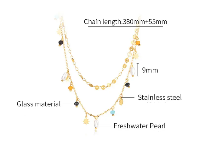 Titanium Steel Double Layered Beads Pearl Charm Bohemian Fashion Charm Necklace for Girl 18K Gold Plated Choker Necklace