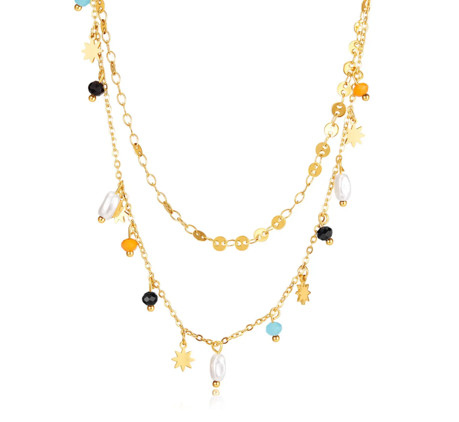 Titanium Steel Double Layered Beads Pearl Charm Bohemian Fashion Charm Necklace for Girl 18K Gold Plated Choker Necklace